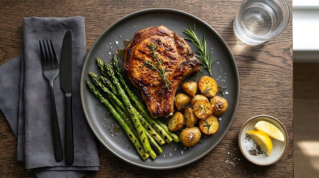 Grilled beef steak with roasted potatoes and asparagus on a dark plate. chuleta de cerdo