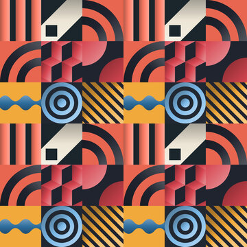 Seamless pixel pattern in black, sky blue, red - bohemian gradient geometric background for wallpaper, textile and wrapping paper design