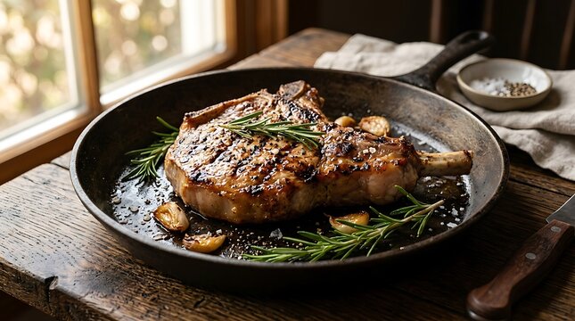 Juicy pork chop steak cooking in a black cast iron skillet with rosemary and garlic on a wooden table. chuleta de cerdo