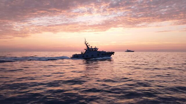 Naval warship cruising on the ocean at sunset