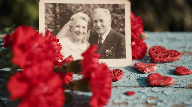 Old wedding photograph with red carnations and heart shapes
