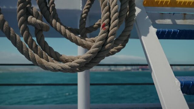 Thick twisted nautical rope coiled on white ferry railing above blue sea