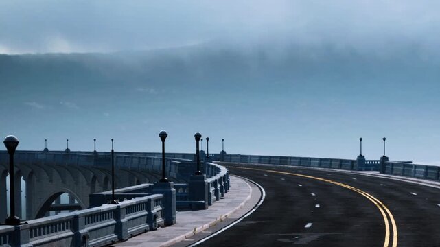 A road curves along the coastline with lamp posts lining the side. The sky is overcast, and the sea is not visible. This scene shows a quiet moment along the coast.