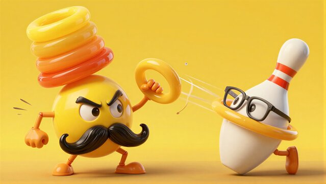 Yellow cartoon character with mustache punches bowling pin wearing glasses.
