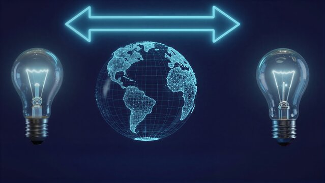 Light bulbs connect to a global network, symbolizing innovation and progress.