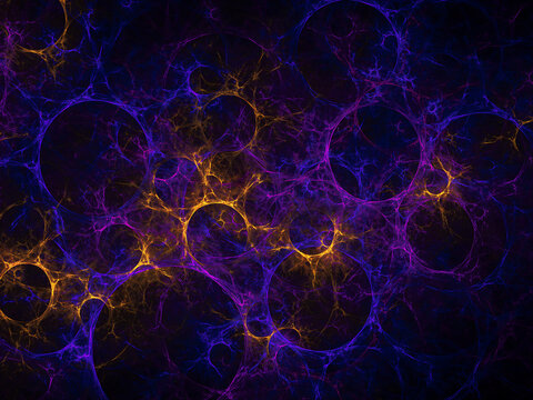 Fractal pattern with interconnected circles in purple and golden hues abstract geometric