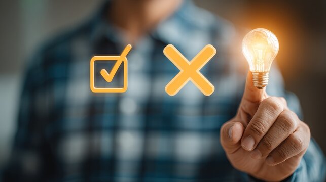 Choosing right concept shown by illuminated lightbulb and checkmark symbol