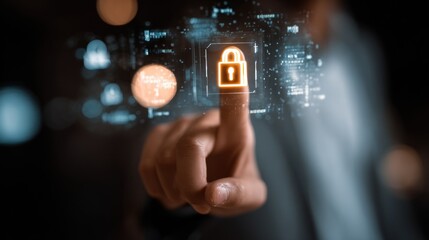 Fototapeta premium Person interacting with digital lock symbol representing security and data protection