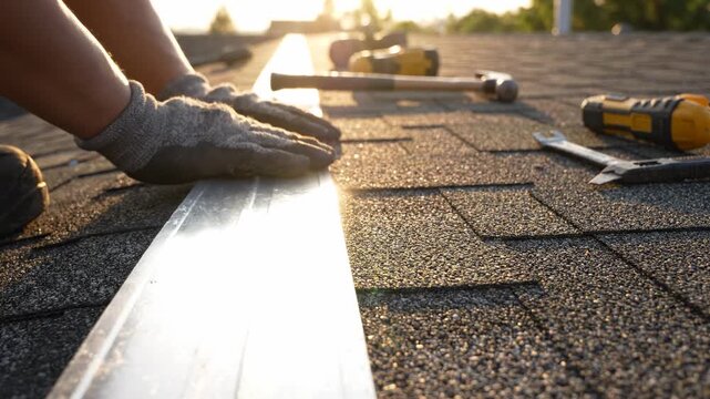 Roofer installing metal ridge cap on roof