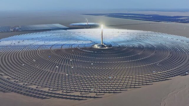 Molten salt tower solar thermal power plant, new energy, super mirror power plant, prism tower