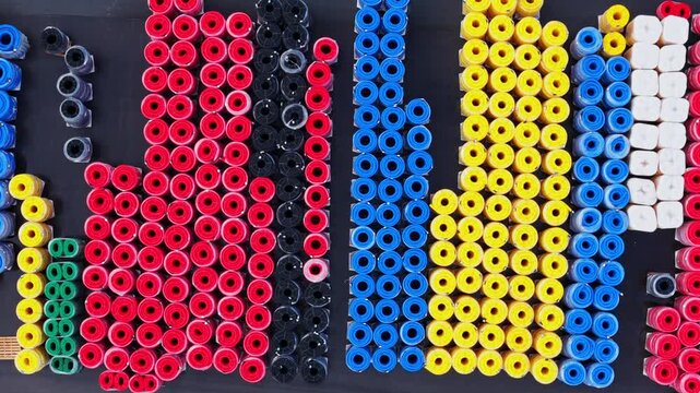 Top down drone view of organized plastic pipe inventory supporting industry