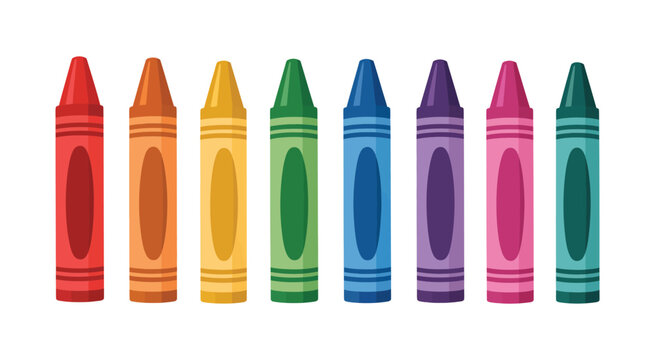 Crayon icon set, colorful wax crayons arranged in a row for drawing and school supplies, clean vector illustration
