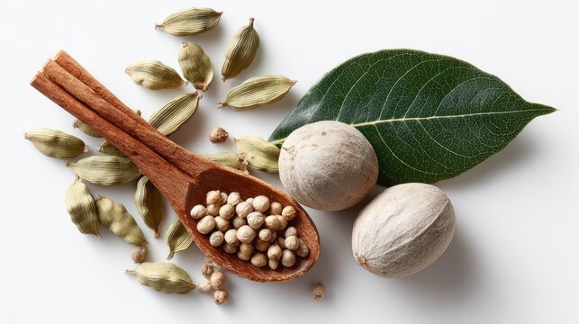 Culinary spice arrangement with nutmeg cardamom and cinnamon isolated