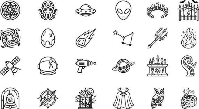 Collection Of Halloween And Space Line Icons On White Background