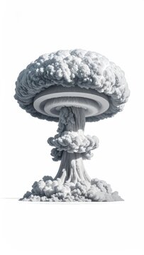 A stark, monochrome mushroom cloud explosion against a white background