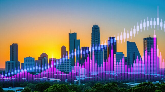 City skyline at dawn features modern buildings with glowing financial data graphs overlay. Urban landscape reflects economic growth and tech progress. Bright sunrise illuminates the business district.