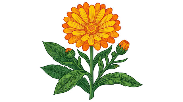 Vibrant orange calendula flower illustration with buds and leaves
