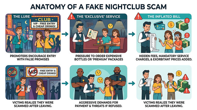 Anatomy of a Fake Nightclub Scam Explained with Illustrations.