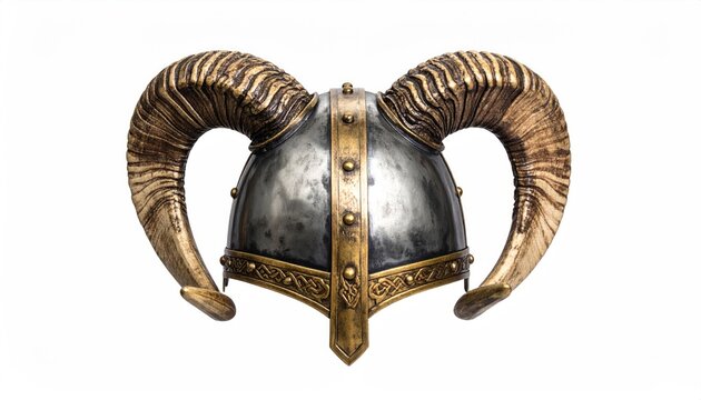 Metallic helmet with ornate ram horns, detailed metalwork