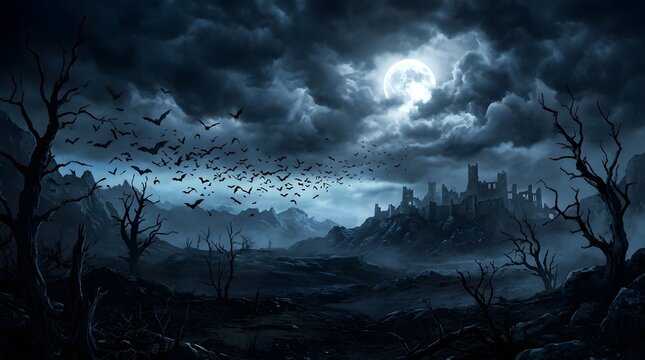 Flock of bats flying over a dark ruined castle under a full moon