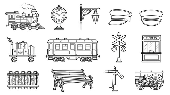 Vintage Train Station Icons: Steam Train, Clock, Ticket Booth, Luggage Cart
