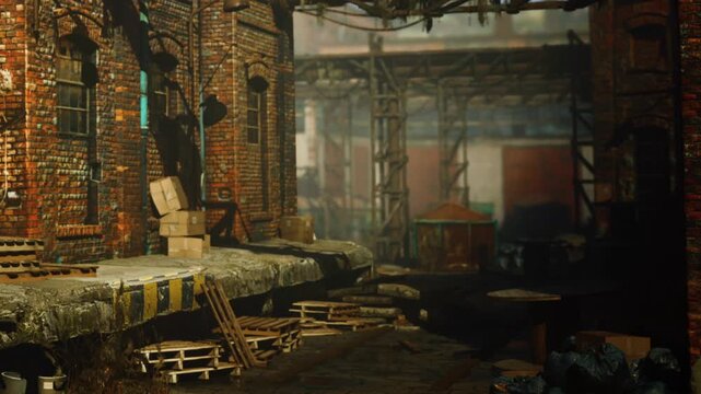 Bricks cover the walls of an old industrial area with wooden pallets stacked along a concrete path. Boxes are placed near the wall in the warm afternoon light.