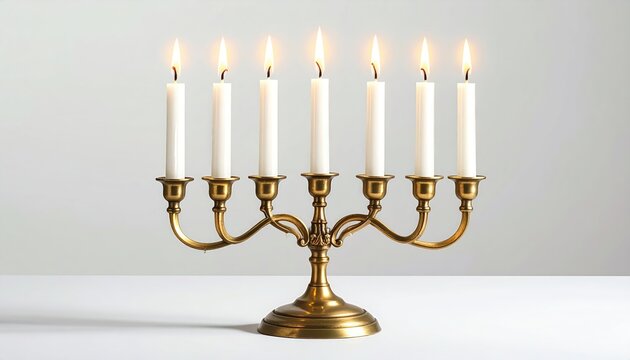 Seven lit white candles in an ornate brass menorah on a white surface
