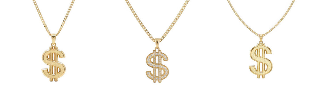 Set of shiny gold dollar sign pendant necklaces isolated on transparent background for wealth finance design and PNG stock library assets.