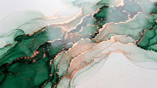 Emerald green alcohol ink abstract background, luxury marble texture with gold glitter veins, elegant fluid art painting for interior design