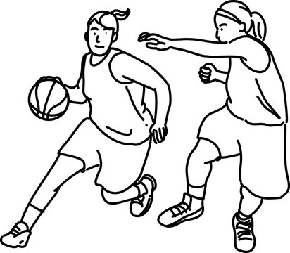 two woman compete basketball