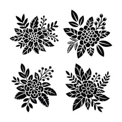 Fototapeta premium Charming collection of black solid floral bouquets and decorative plant arrangements for various creative projects