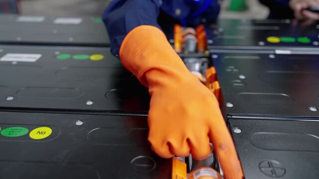 Close-up of a technician wearing insulated gloves connecting a high-voltage battery module during electric vehicle battery inspection. Focus on EV battery maintenance, electrical safety, and energy st
