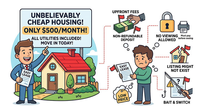 Scammer real estate agent offering unbelievably cheap housing with hidden fees and bait and switch tactics.