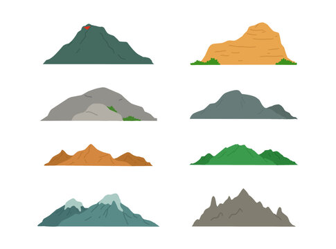 A collection of mountain landscape illustrations featuring rocky mountains, green hills, volcanic peaks, desert cliffs, snow-capped mountains, and natural rock formations.