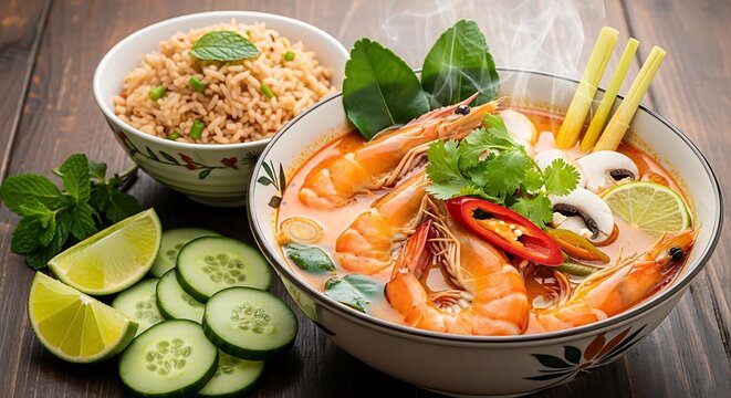 Authentic thai shrimp tom yum soup with lime and rice cucumber delicious