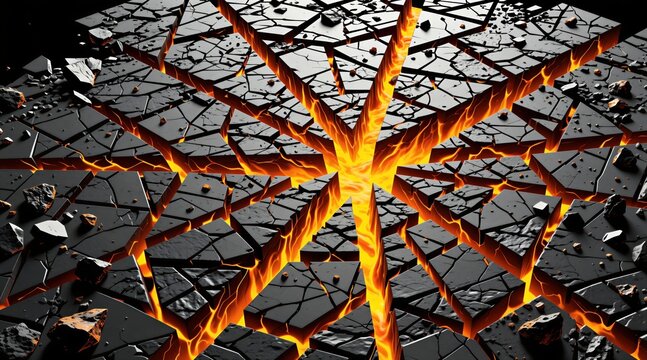 Dark geometric surface breaks apart revealing glowing hot lava beneath. Abstract explosion effect with sharp fragments and molten orange cracks. Futuristic digital art, dramatic energy theme.