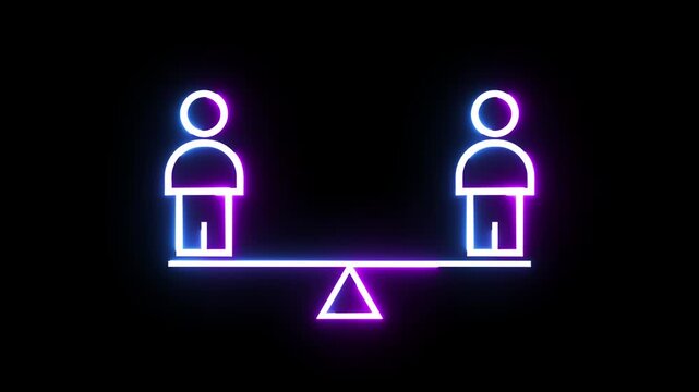 Neon glowing balance icon with two people standing on see saw representing gender equality.