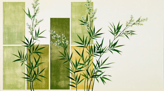 緑の幾何学模様の背景と笹や竹をモチーフにした和風のデザイン画 Japanese-style design painting featuring bamboo or sasa motifs against a green geometric pattern background