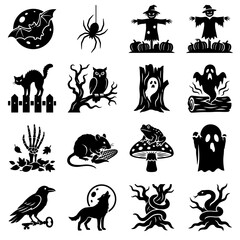 Fototapeta premium Set of Sixteen Silhouette Icons Featuring Spooky Halloween Creatures and Eerie Nature Elements for Seasonal Decor and Graphic Design