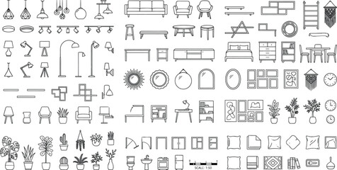 Interior Furniture CAD Blocks and Home Decor Line Icons Collection for Architectural Design © Md