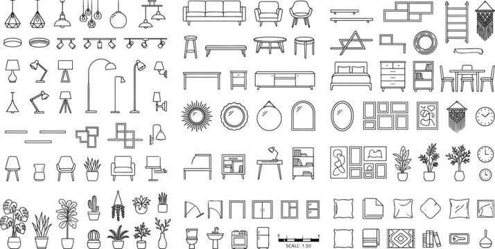 Interior Furniture CAD Blocks and Home Decor Line Icons Collection for Architectural Design