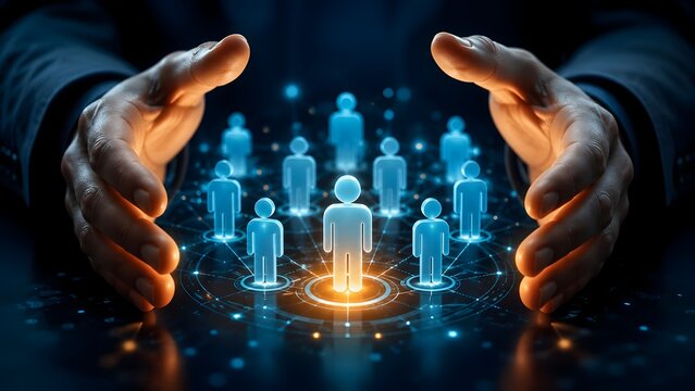 Digital community protection and customer data privacy concept showing giant hands sheltering glowing blue virtual human network icons