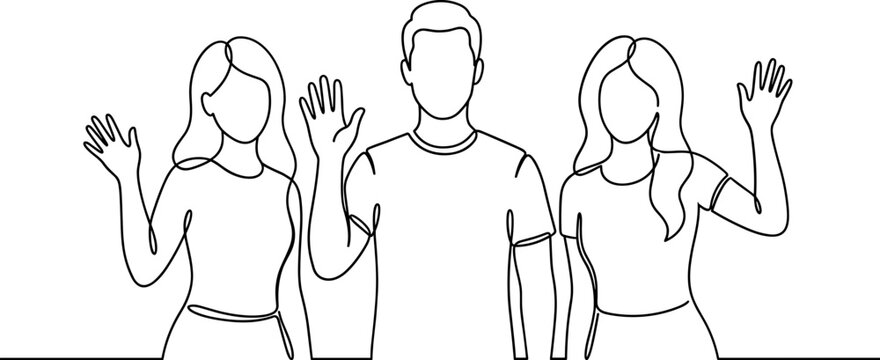 Continuous line drawing of three young people waving hands together.