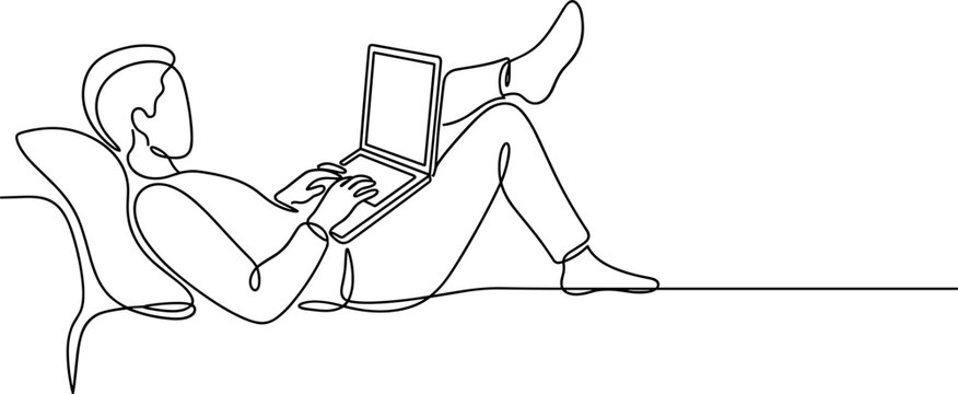 Continuous one line drawing of a person using a laptop on a sofa.