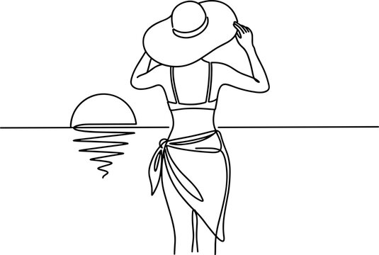 Continuous line drawing of a woman in a sun hat and sarong on the beach.
