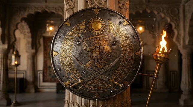 Royal Rajput Warrior Emblem on Historic Steel Shield