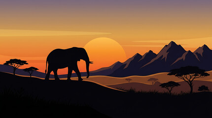 Obraz premium Sunset Minimalist African Safari Animal Silhouette with Mountain Landscape