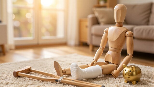Wooden mannequin with cast and crutches, next to gold piggy bank.