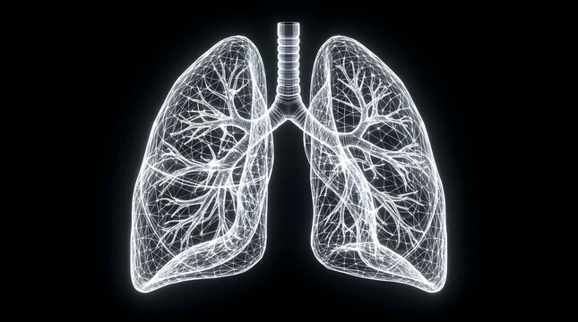 High-contrast white glowing human lung anatomy.