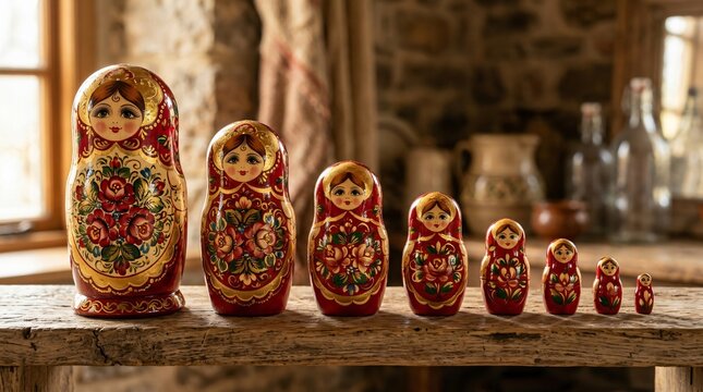 Traditional matryoshka nesting dolls in a row, vintage wooden Russian dolls with floral patterns, rustic folk art collection on a wooden table